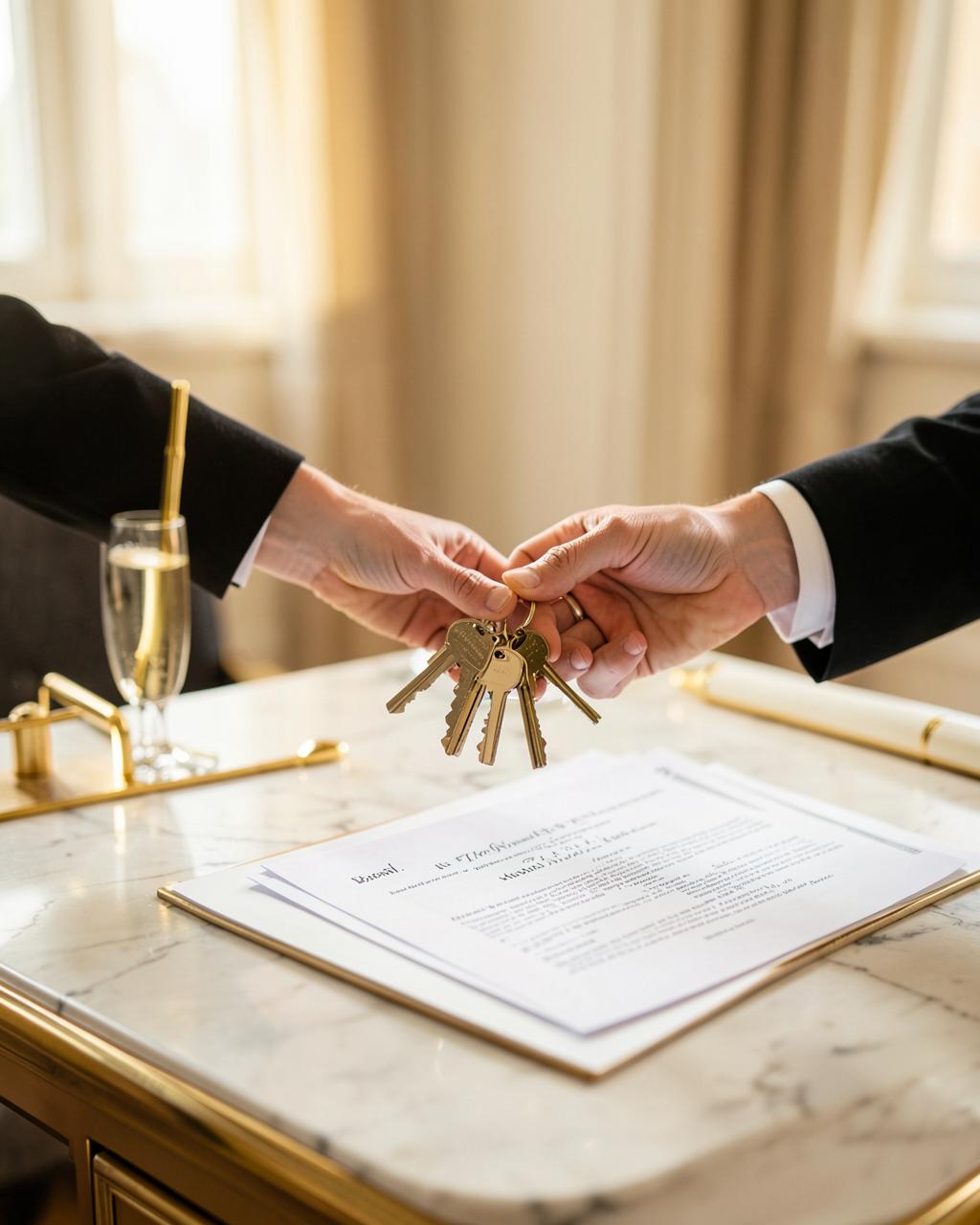 House keys handed across a marble closing table with documents