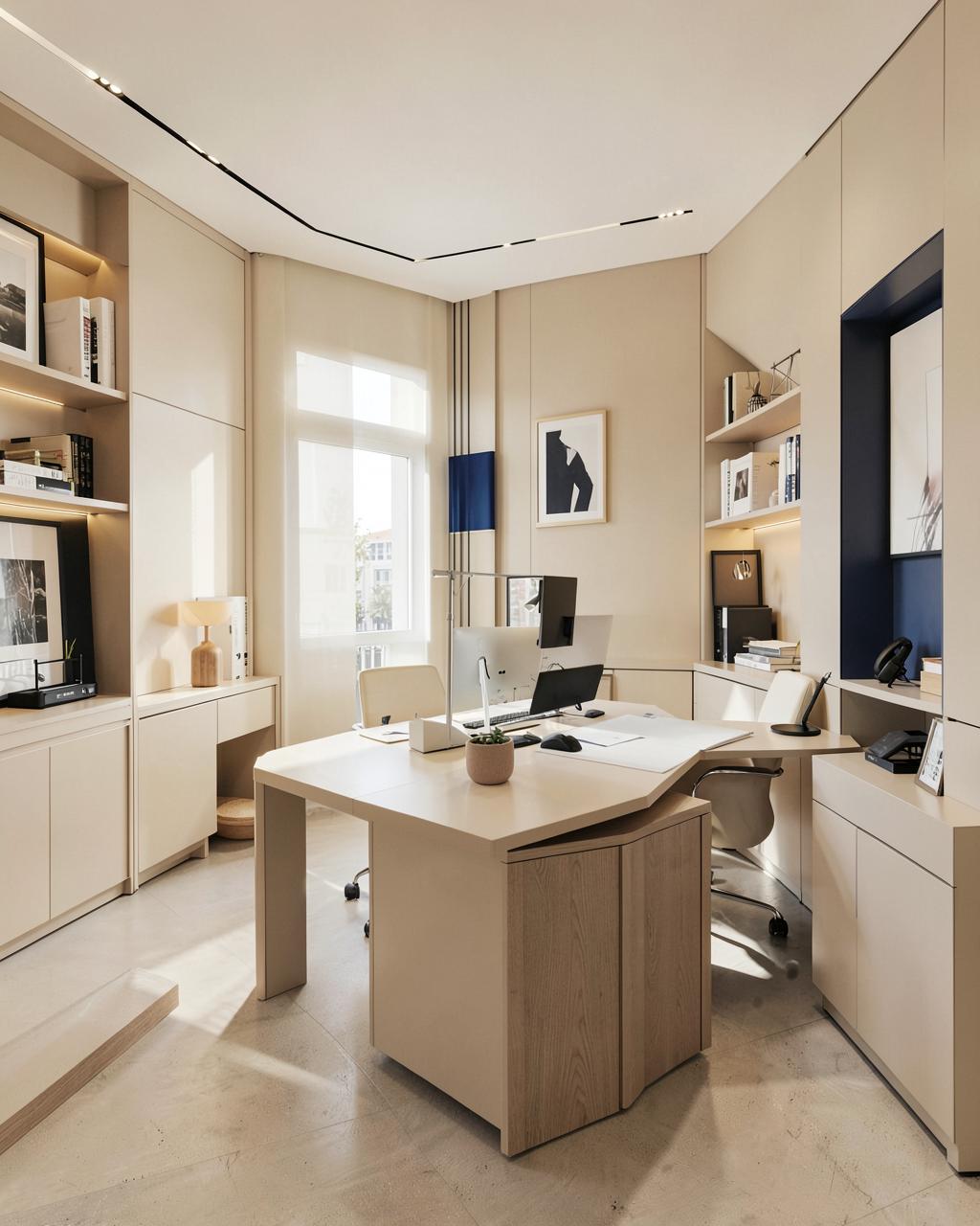 Refined brokerage office interior with an organized workspace