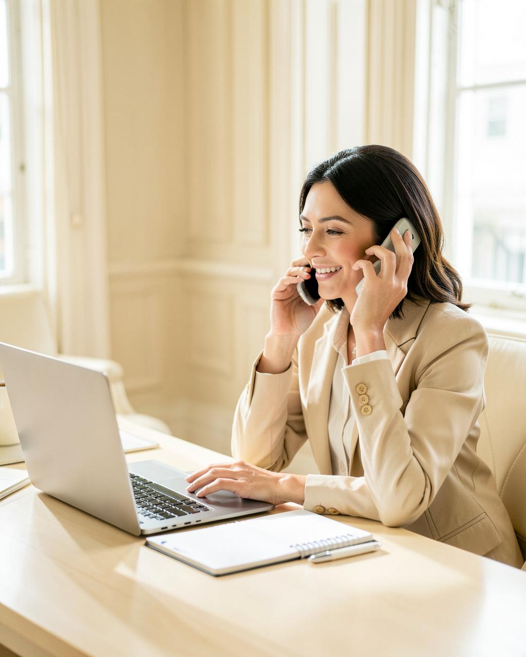 Real estate professional on a call at a bright executive desk