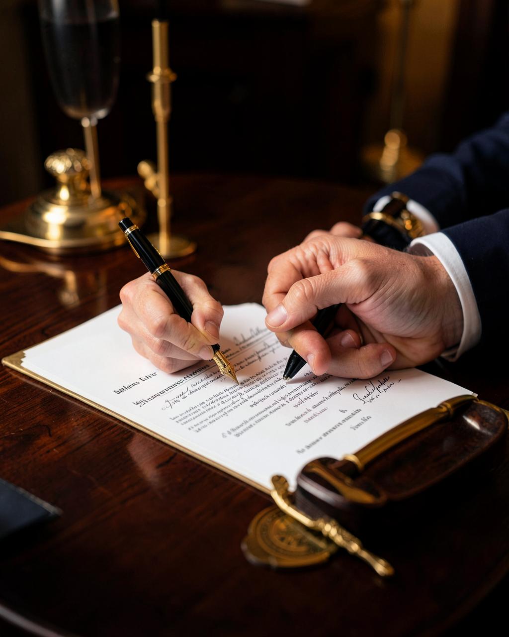 Hands signing documents with a fountain pen beside a notary seal