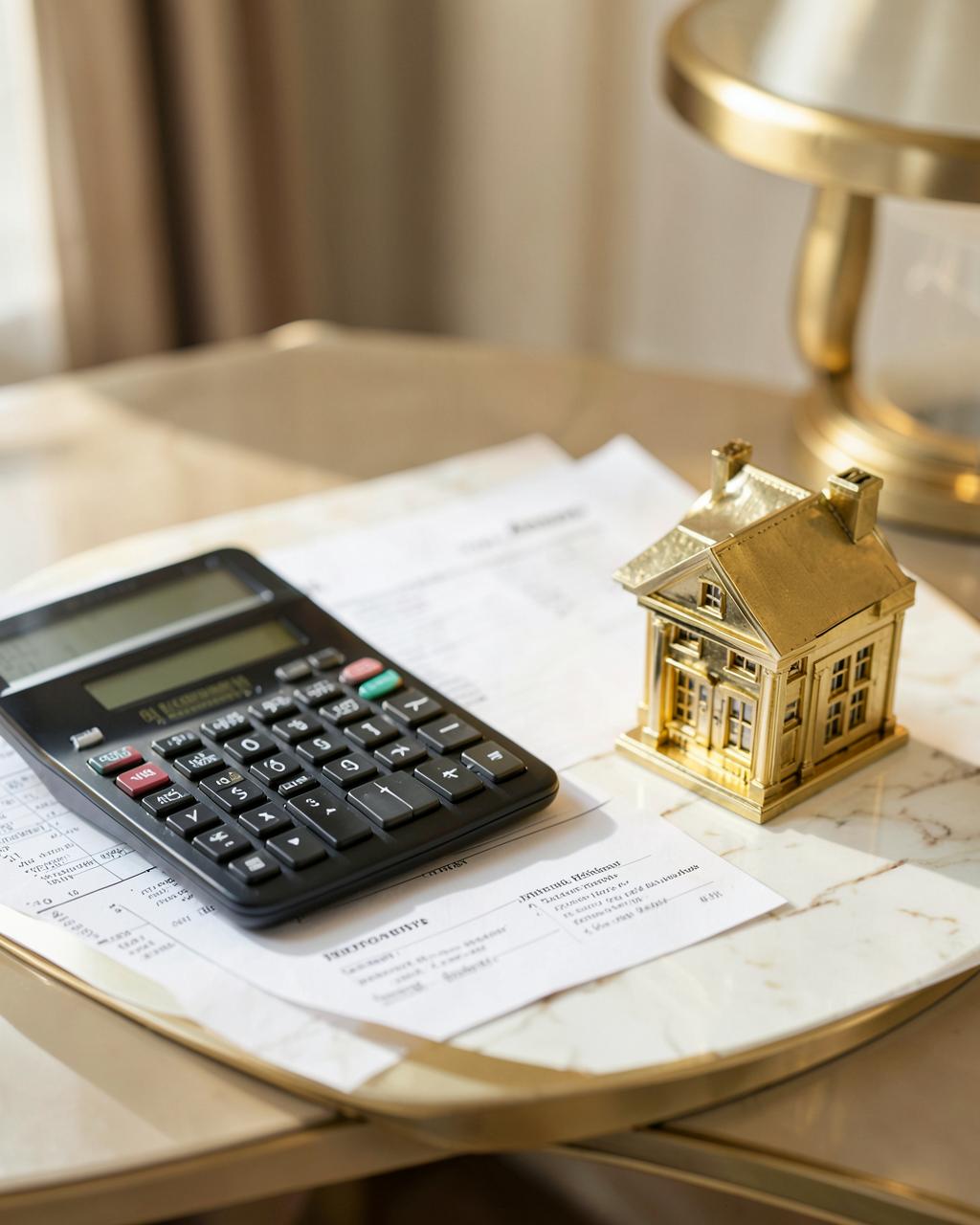 Calculator, mortgage paperwork and a brass house model on a marble desk