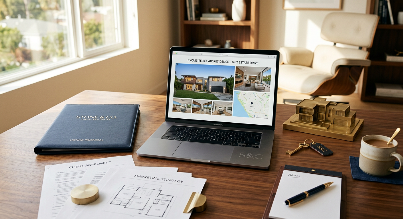 Listing brochure and laptop with property photos on a marble desk