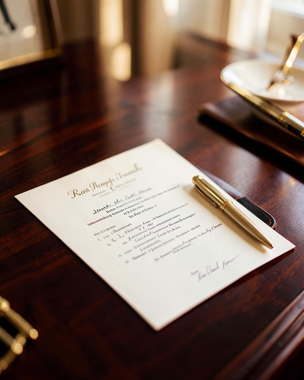 Real estate contract and gold pen on a polished executive desk